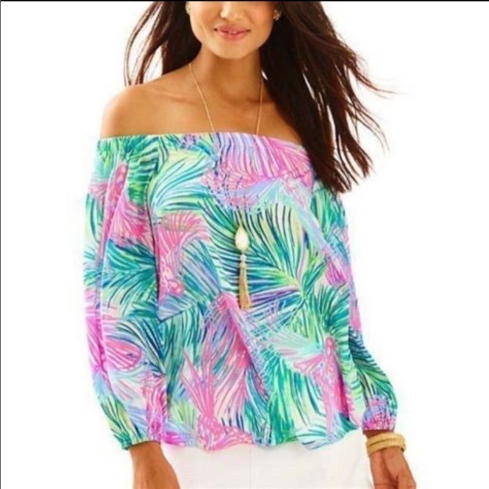 Lilly Pulitzer Adira Silk Off The Shoulder Lightweight Vibrant Cropped Top